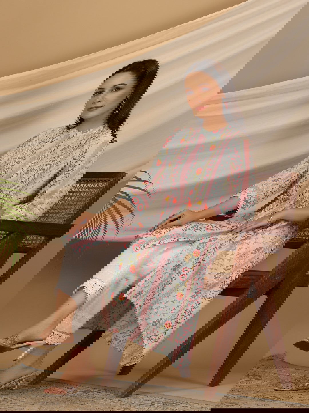 Juniper Blue Floral Printed Cotton Cambric Kurta With Sequins Work