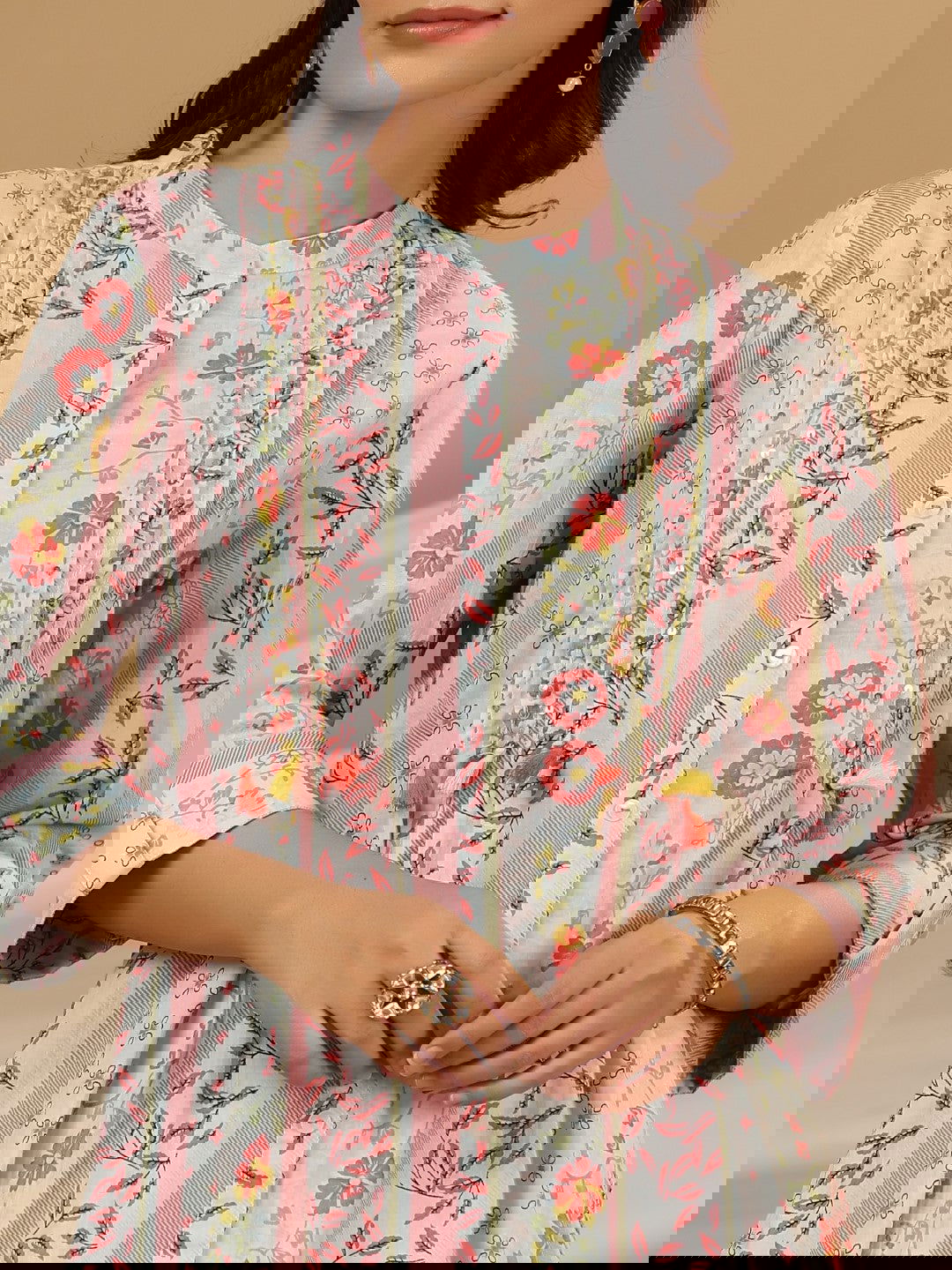 Juniper Blue Floral Printed Cotton Cambric Kurta With Sequins Work