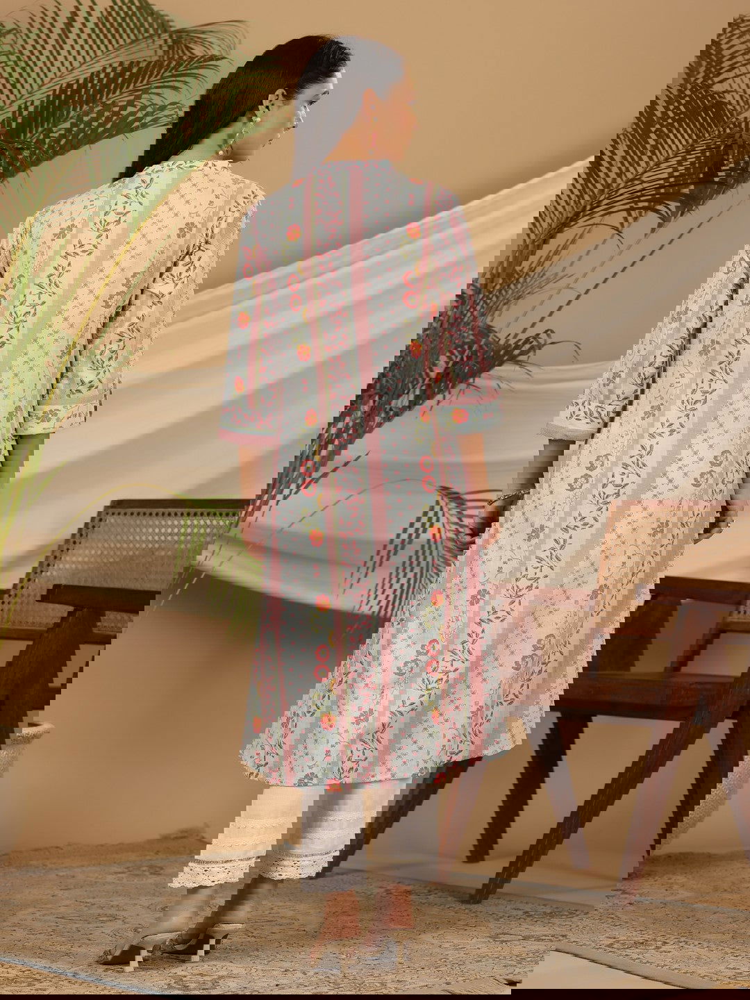 Juniper Blue Floral Printed Cotton Cambric Kurta With Sequins Work