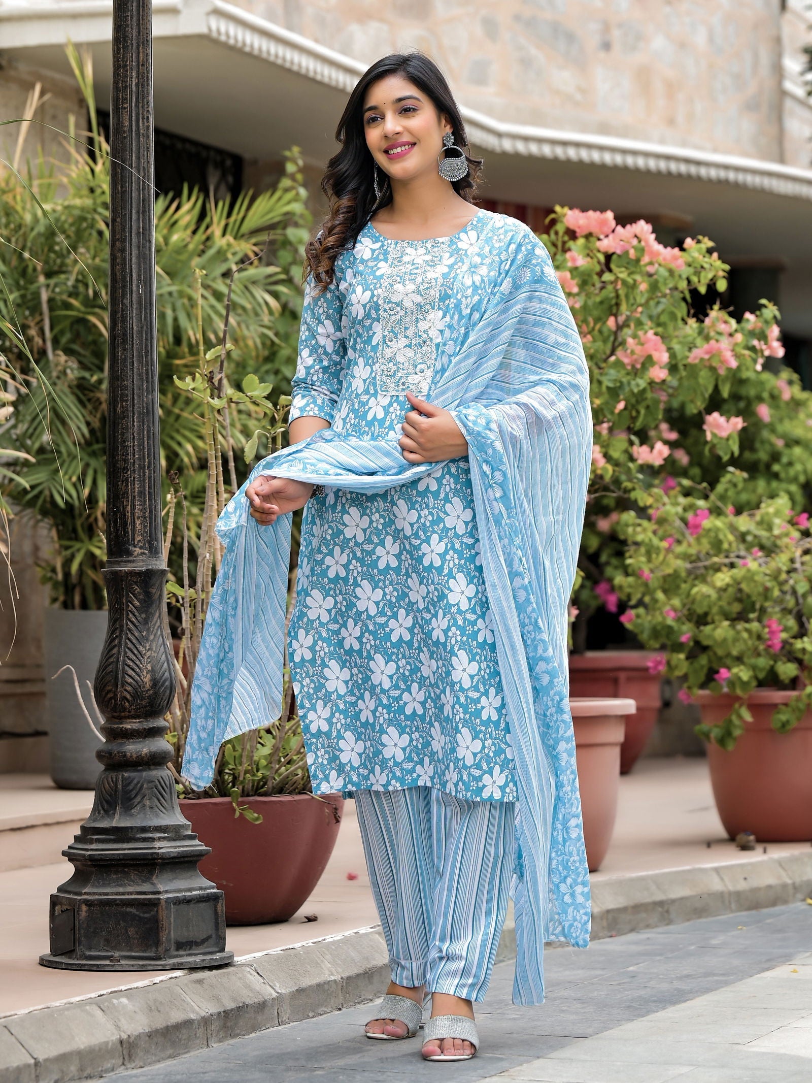 Juniper Blue Floral Printed Cotton Kurta, Pant And Dupatta Set With Thread & Mirror Work