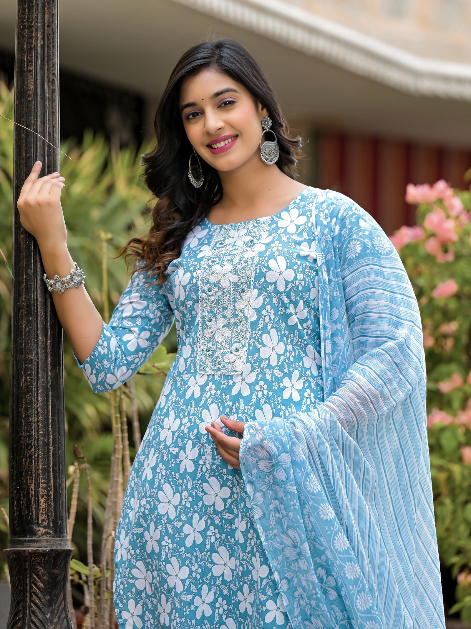 Juniper Blue Floral Printed Cotton Kurta, Pant And Dupatta Set With Thread & Mirror Work