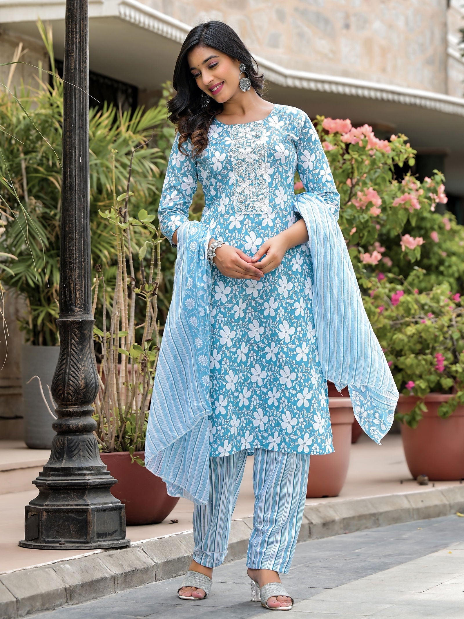 Juniper Blue Floral Printed Cotton Kurta, Pant And Dupatta Set With Thread & Mirror Work