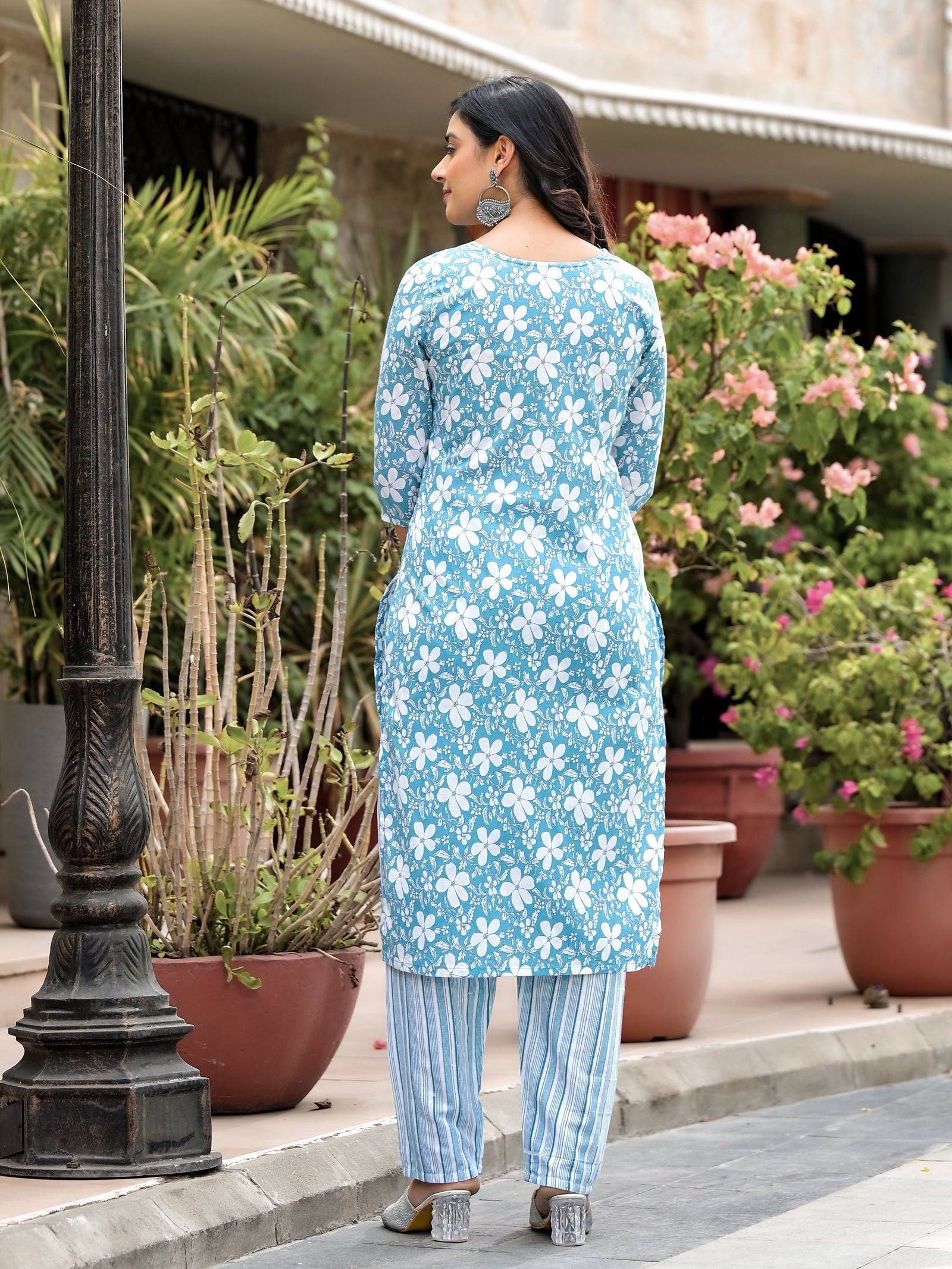 Juniper Blue Floral Printed Cotton Kurta, Pant And Dupatta Set With Thread & Mirror Work