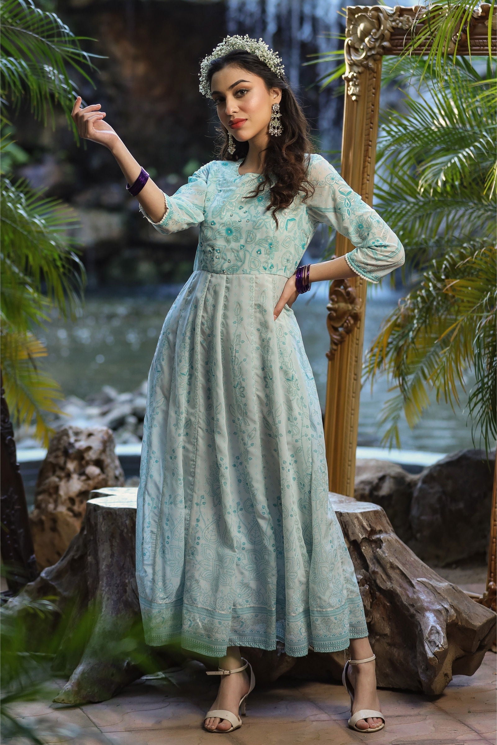 Juniper Blue Floral Printed Georgette Maxi Dress With Beads Kantha Work & Sequins At Neckline
