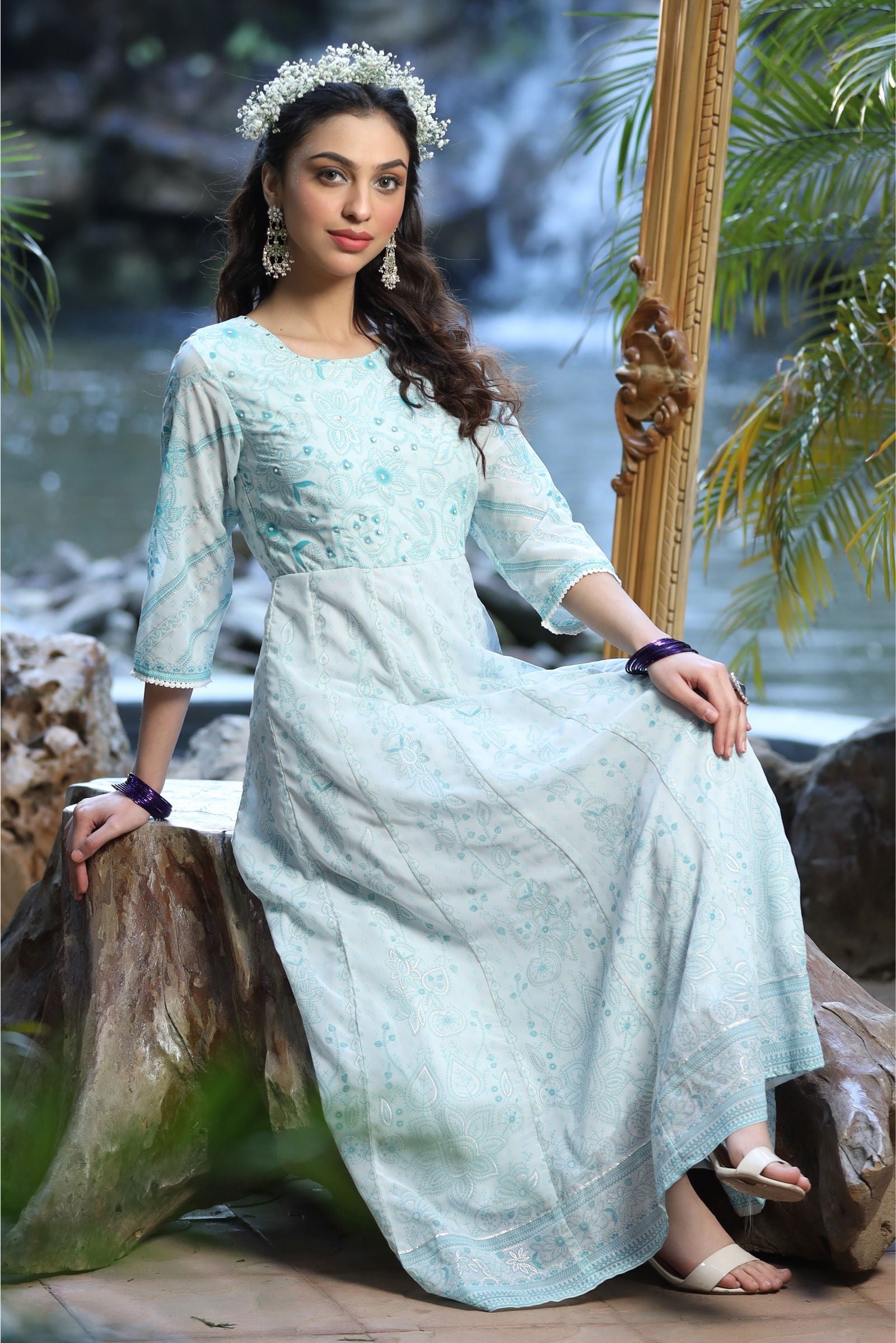 Juniper Blue Floral Printed Georgette Maxi Dress With Beads Kantha Work & Sequins At Neckline