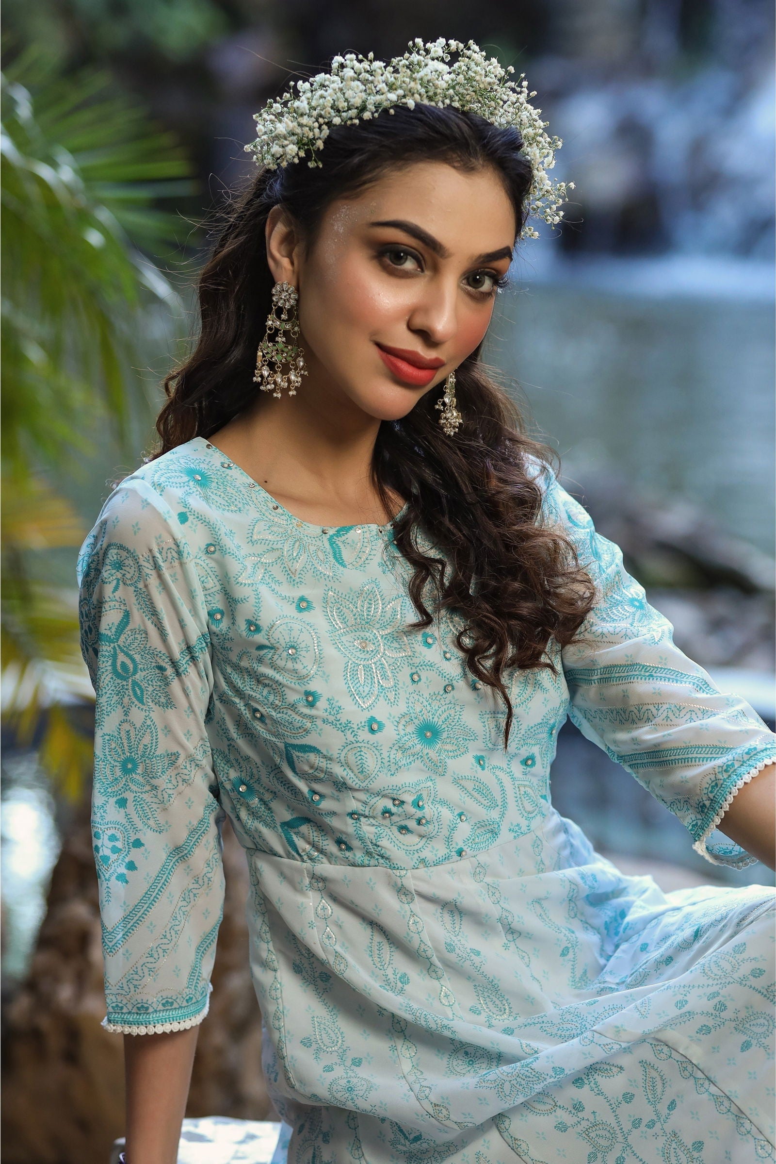 Juniper Blue Floral Printed Georgette Maxi Dress With Beads Kantha Work & Sequins At Neckline