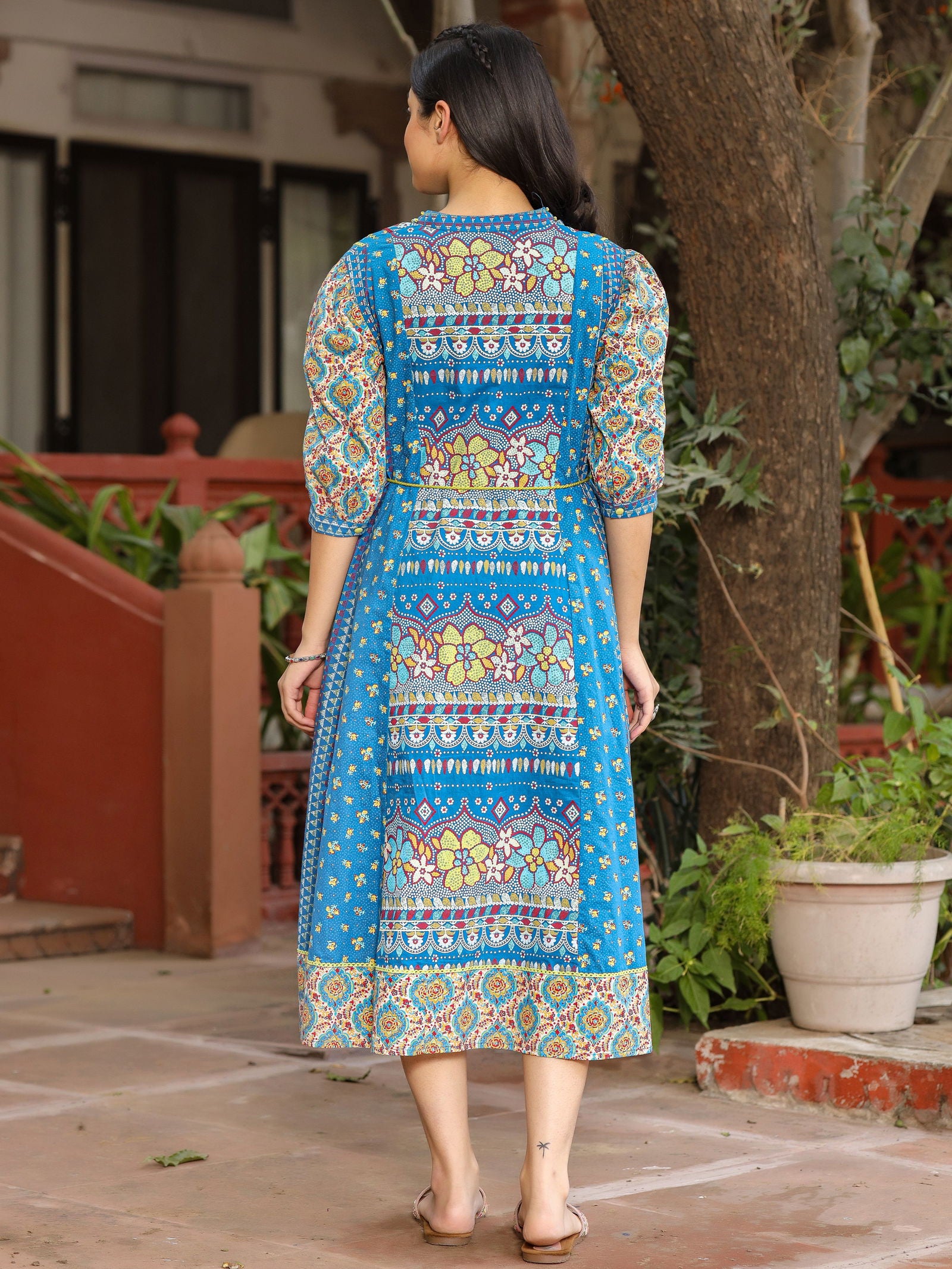 Juniper Blue Floral Printed Pure Cotton Dress & Doris With Beads Work