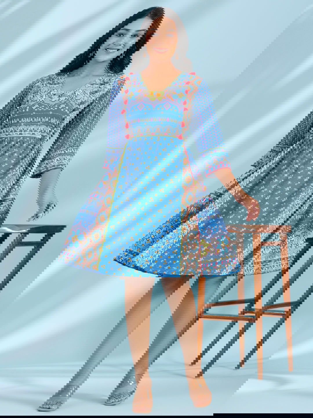 Juniper Blue Floral Printed Pure Cotton Dress With Beads & sequins Work