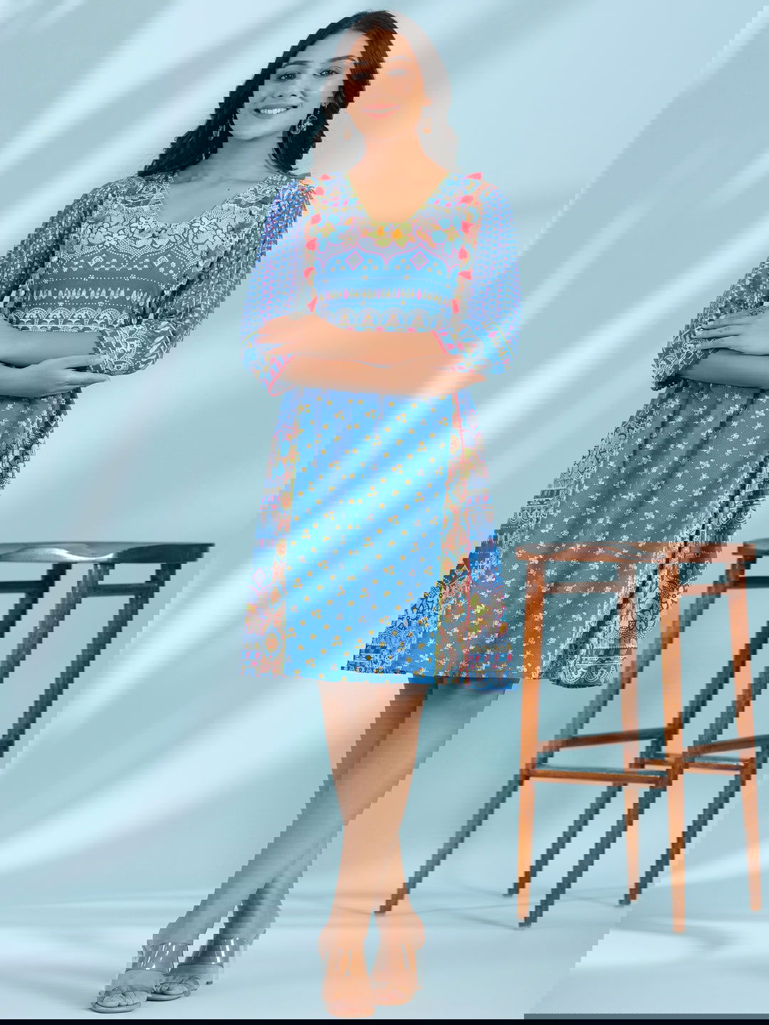 Juniper Blue Floral Printed Pure Cotton Dress With Beads & sequins Work