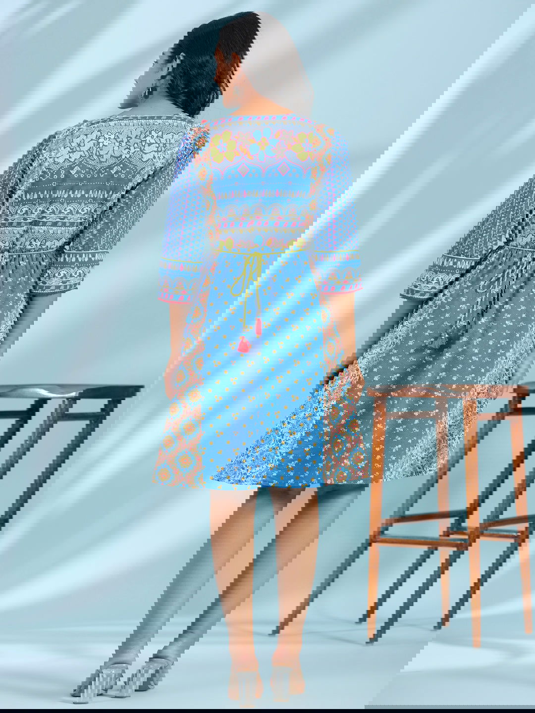 Juniper Blue Floral Printed Pure Cotton Dress With Beads & sequins Work