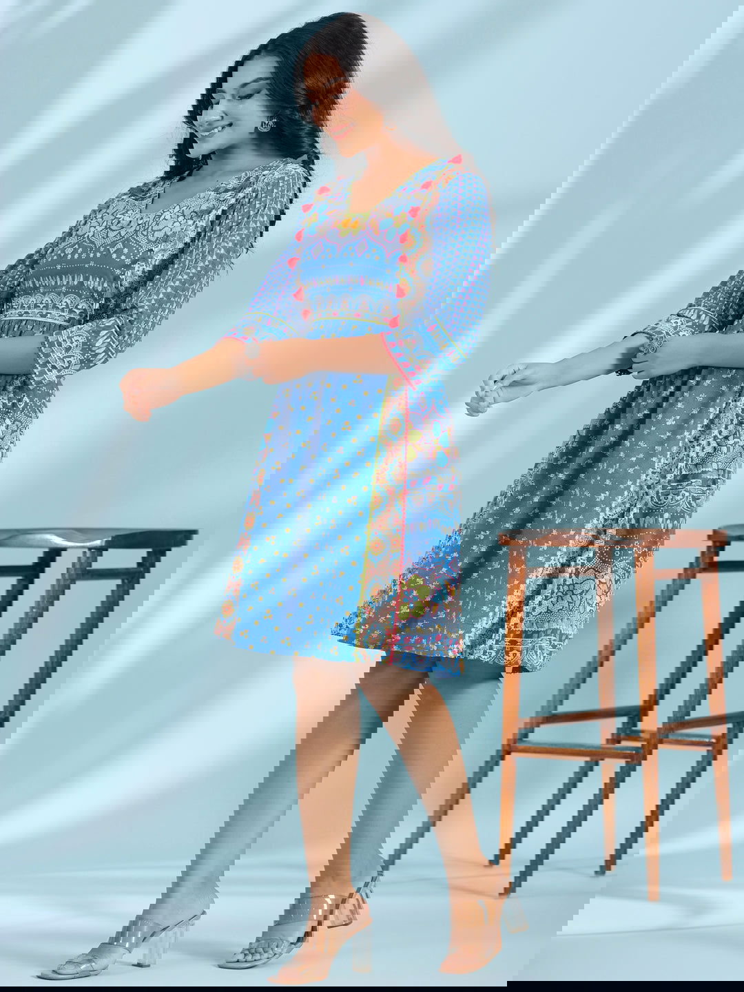 Juniper Blue Floral Printed Pure Cotton Dress With Beads & sequins Work