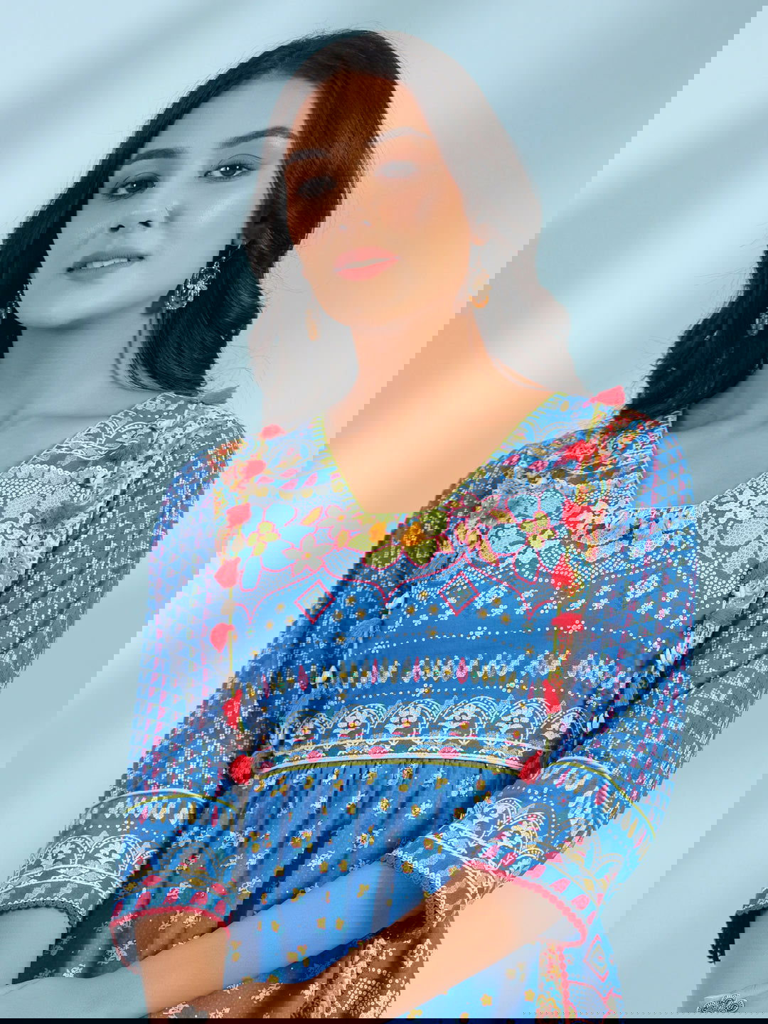 Juniper Blue Floral Printed Pure Cotton Dress With Beads & sequins Work