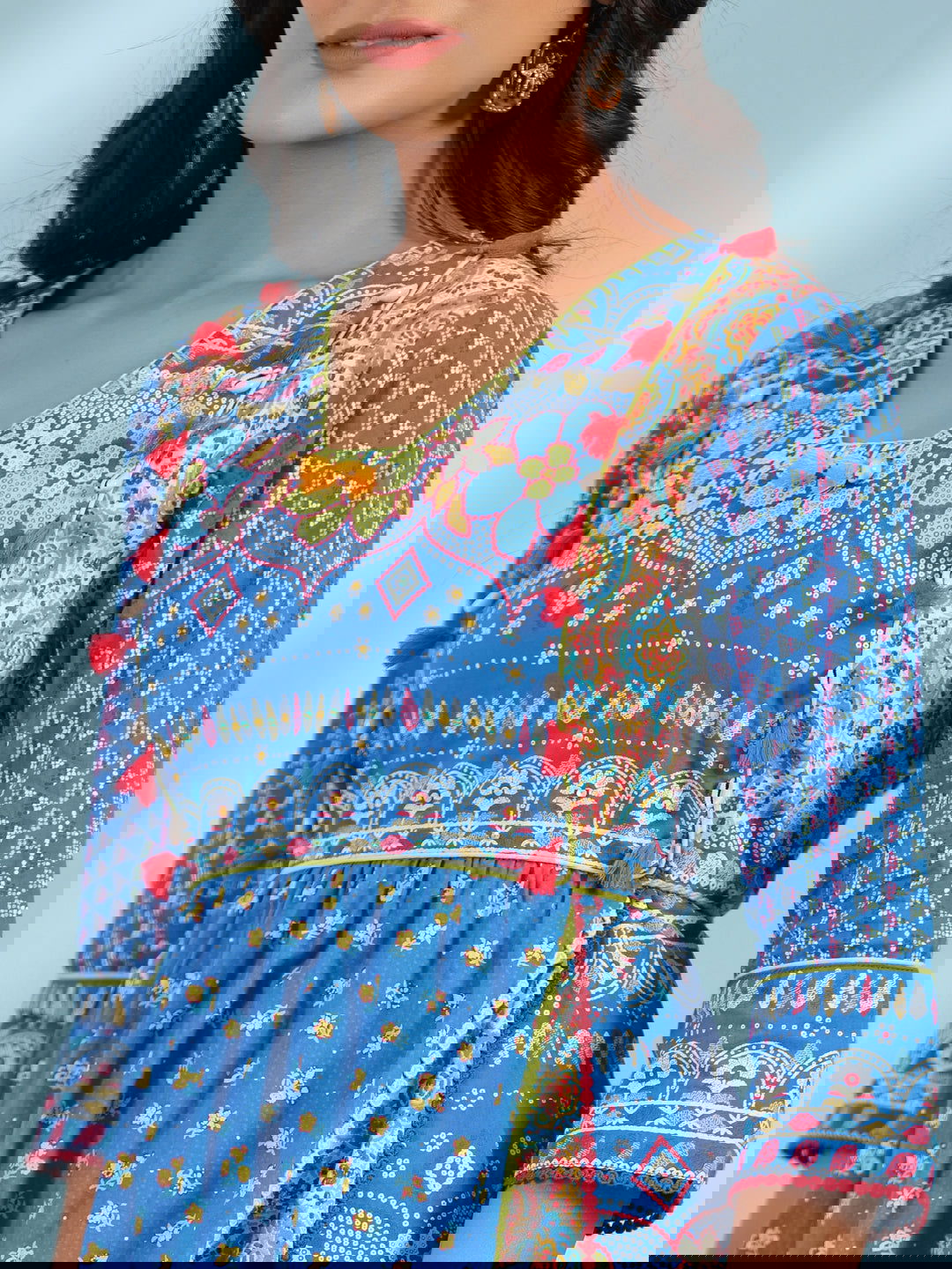 Juniper Blue Floral Printed Pure Cotton Dress With Beads & sequins Work