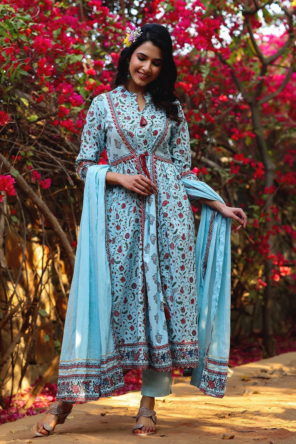 Juniper Blue Floral Printed Pure Cotton Kurta Pants & Dupatta Set With Tassels & Lace