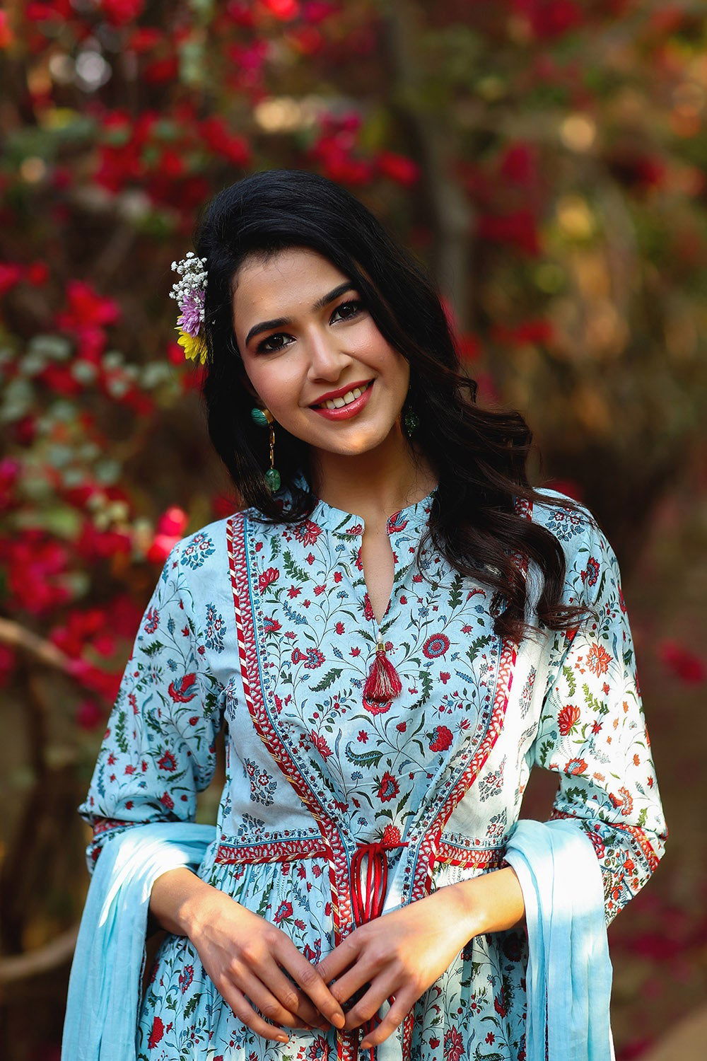 Juniper Blue Floral Printed Pure Cotton Kurta Pants & Dupatta Set With Tassels & Lace