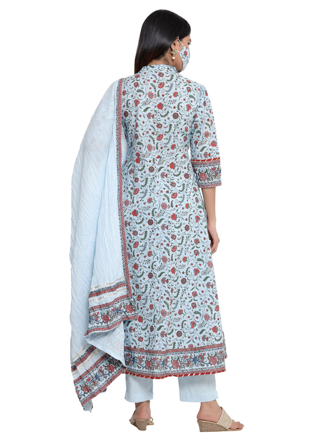 Juniper Blue Floral Printed Pure Cotton Kurta Pants & Dupatta Set With Tassels & Lace
