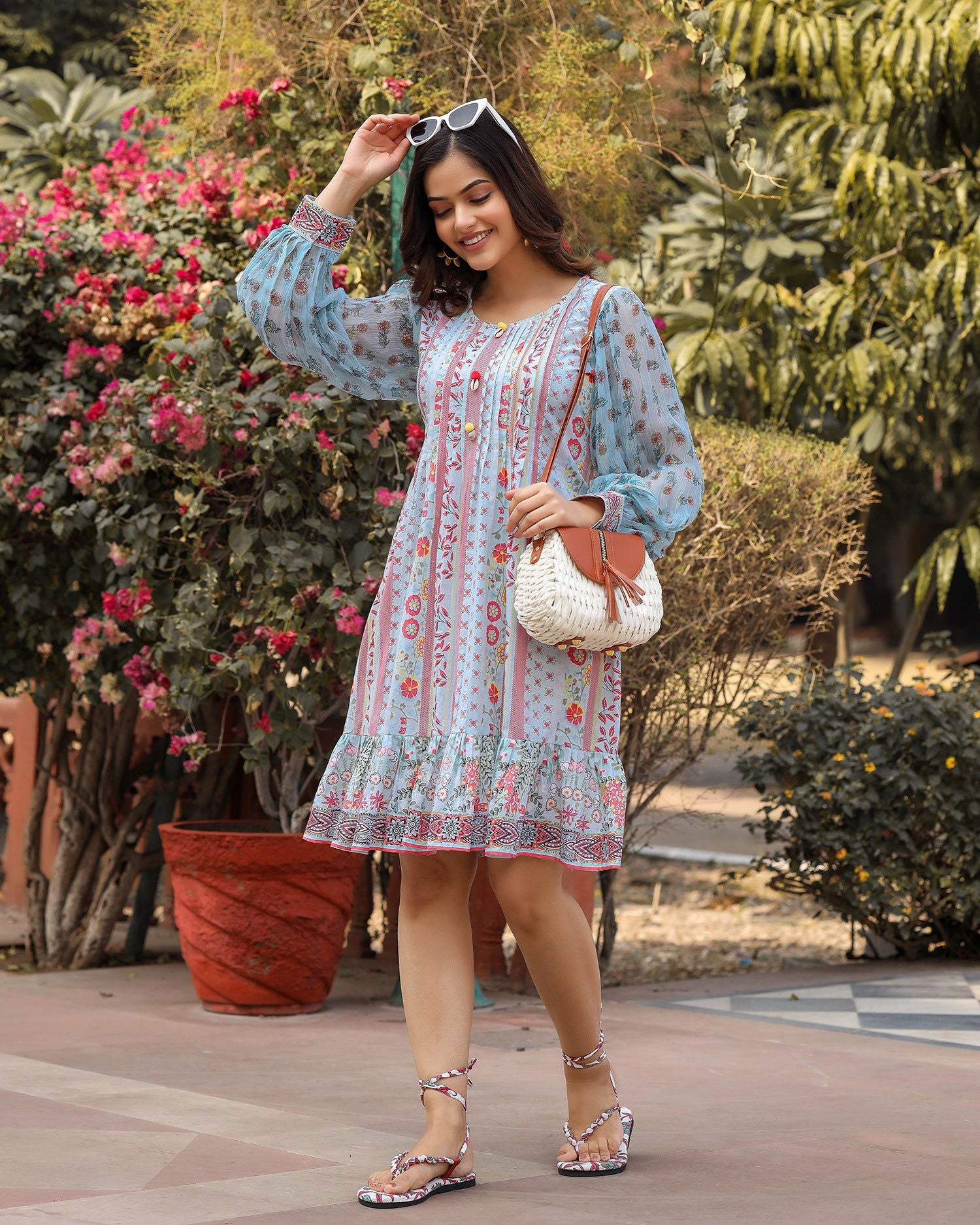 Juniper Blue Floral Printed Pure Cotton Short Dress With Sequence Work