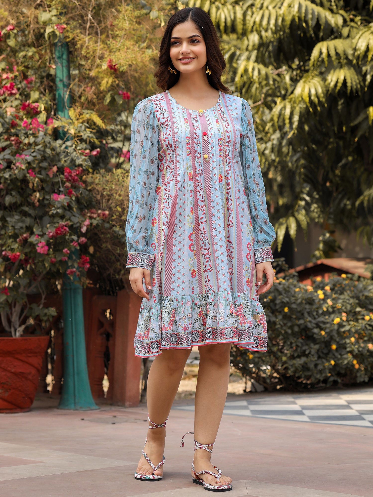 Juniper Blue Floral Printed Pure Cotton Short Dress With Sequence Work