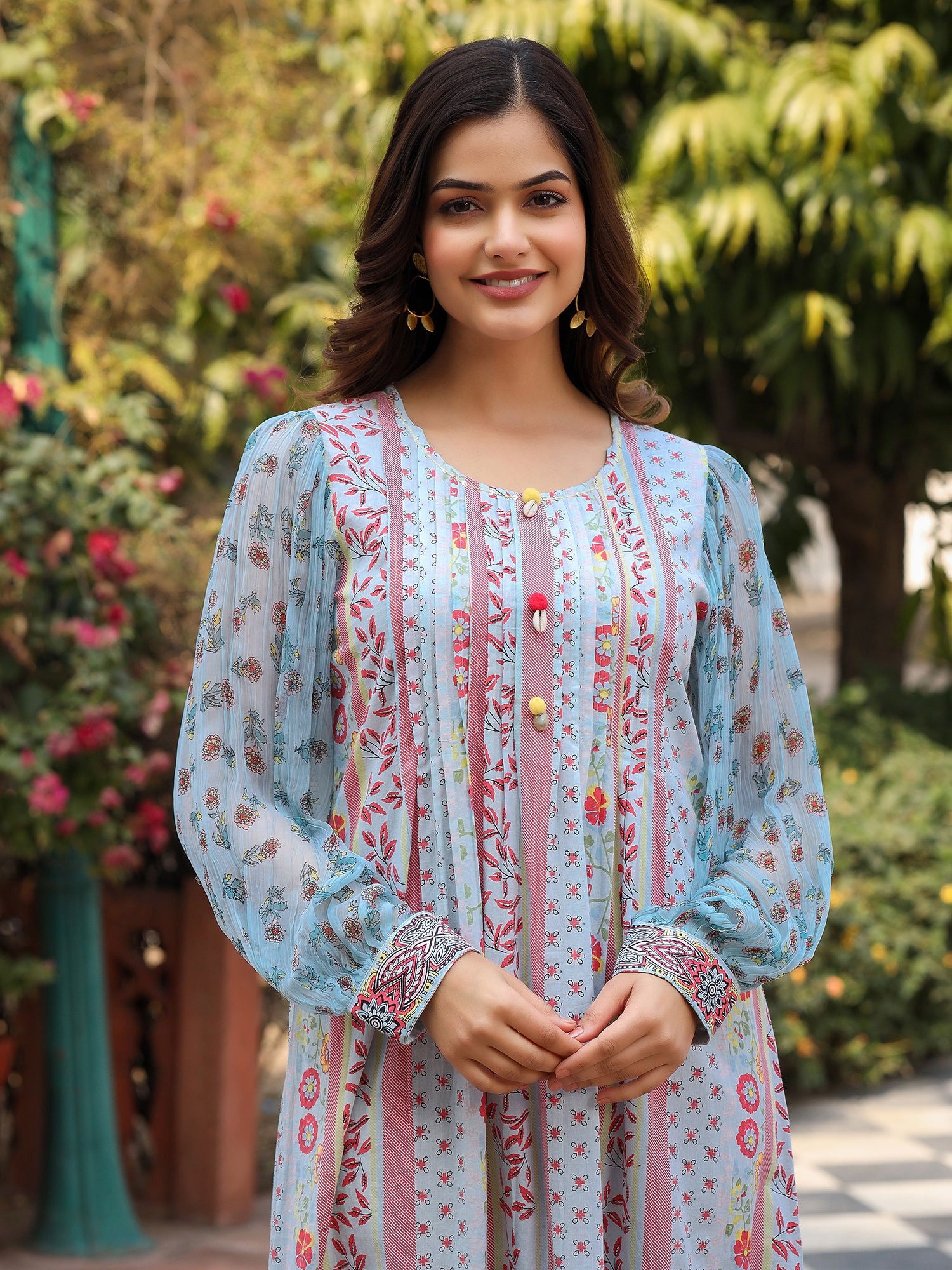 Juniper Blue Floral Printed Pure Cotton Short Dress With Sequence Work
