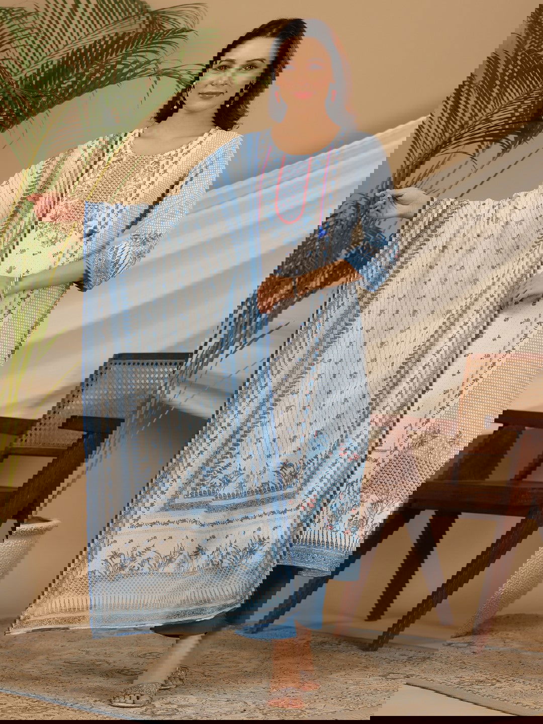 Juniper Blue Floral Printed Rayon Kurta Pant & Dupatta Set With Beads & Sequins