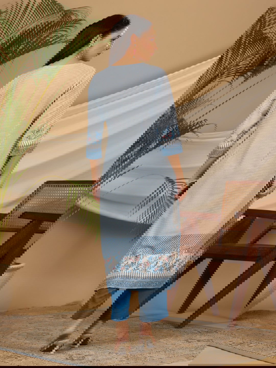 Juniper Blue Floral Printed Rayon Kurta Pant & Dupatta Set With Beads & Sequins