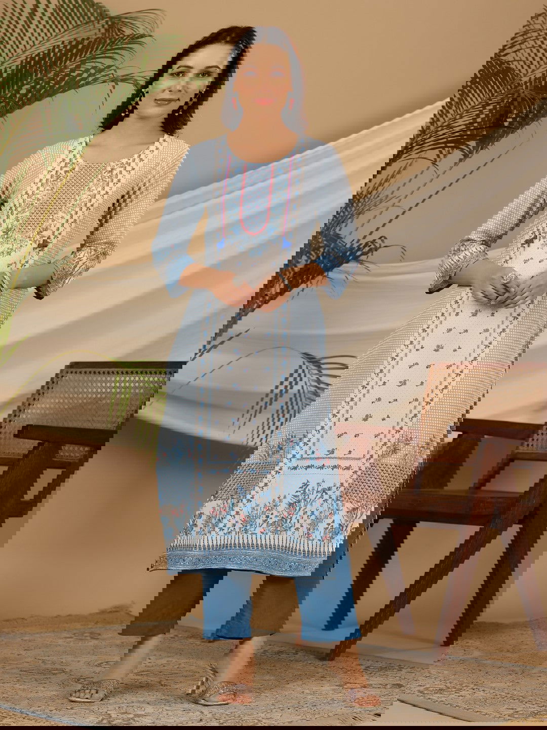 Juniper Blue Floral Printed Rayon Kurta Pant & Dupatta Set With Beads & Sequins