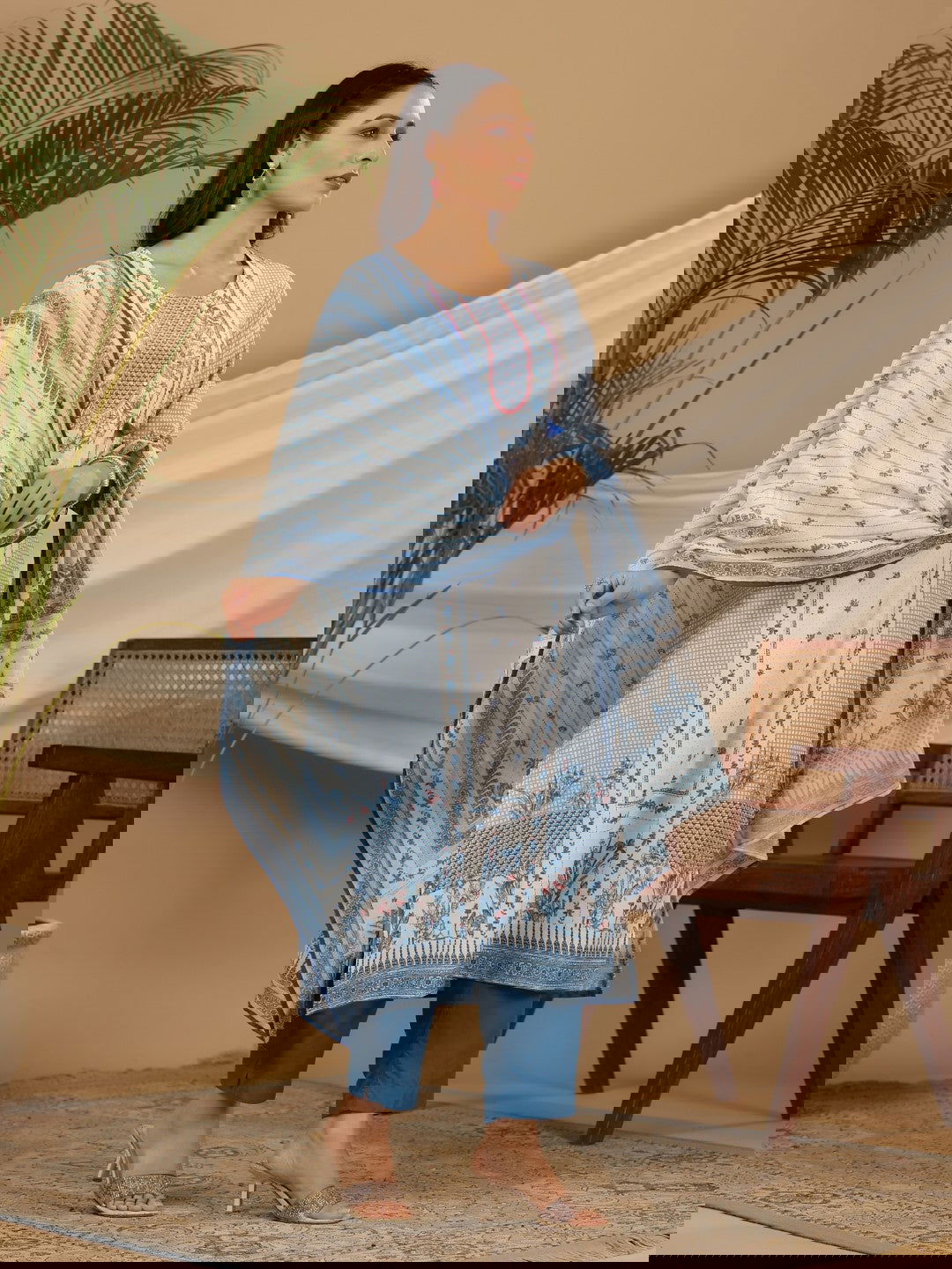 Juniper Blue Floral Printed Rayon Kurta Pant & Dupatta Set With Beads & Sequins