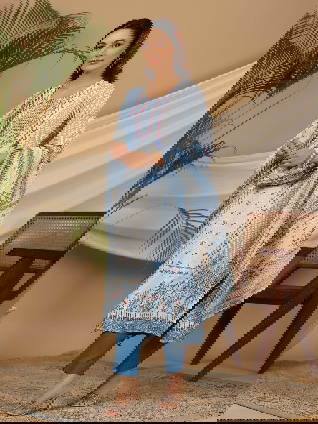 Juniper Blue Floral Printed Rayon Kurta Pant & Dupatta Set With Beads & Sequins