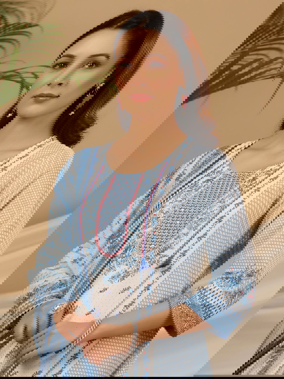 Juniper Blue Floral Printed Rayon Kurta Pant & Dupatta Set With Beads & Sequins