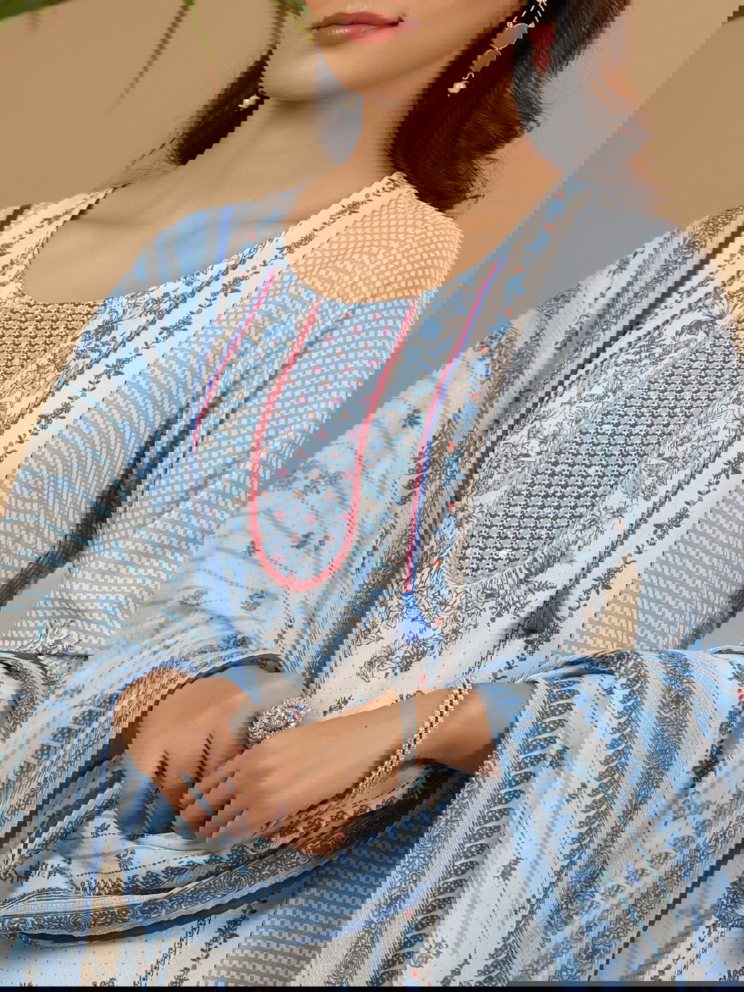 Juniper Blue Floral Printed Rayon Kurta Pant & Dupatta Set With Beads & Sequins