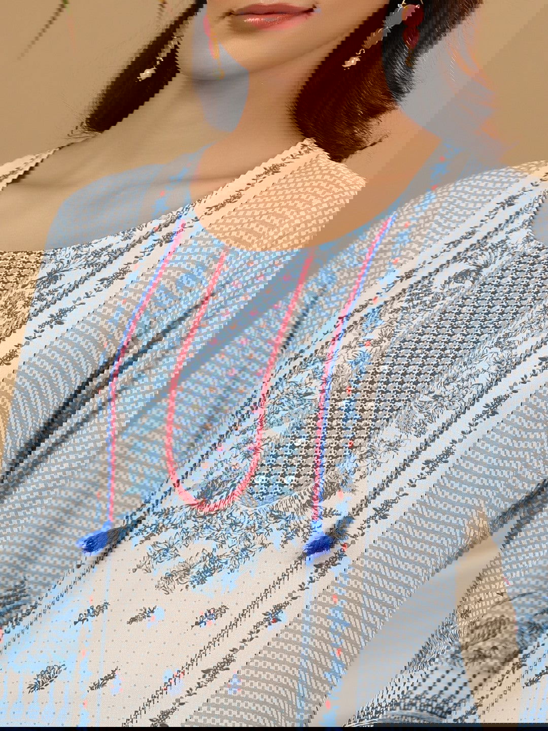 Juniper Blue Floral Printed Rayon Kurta Pant & Dupatta Set With Beads & Sequins