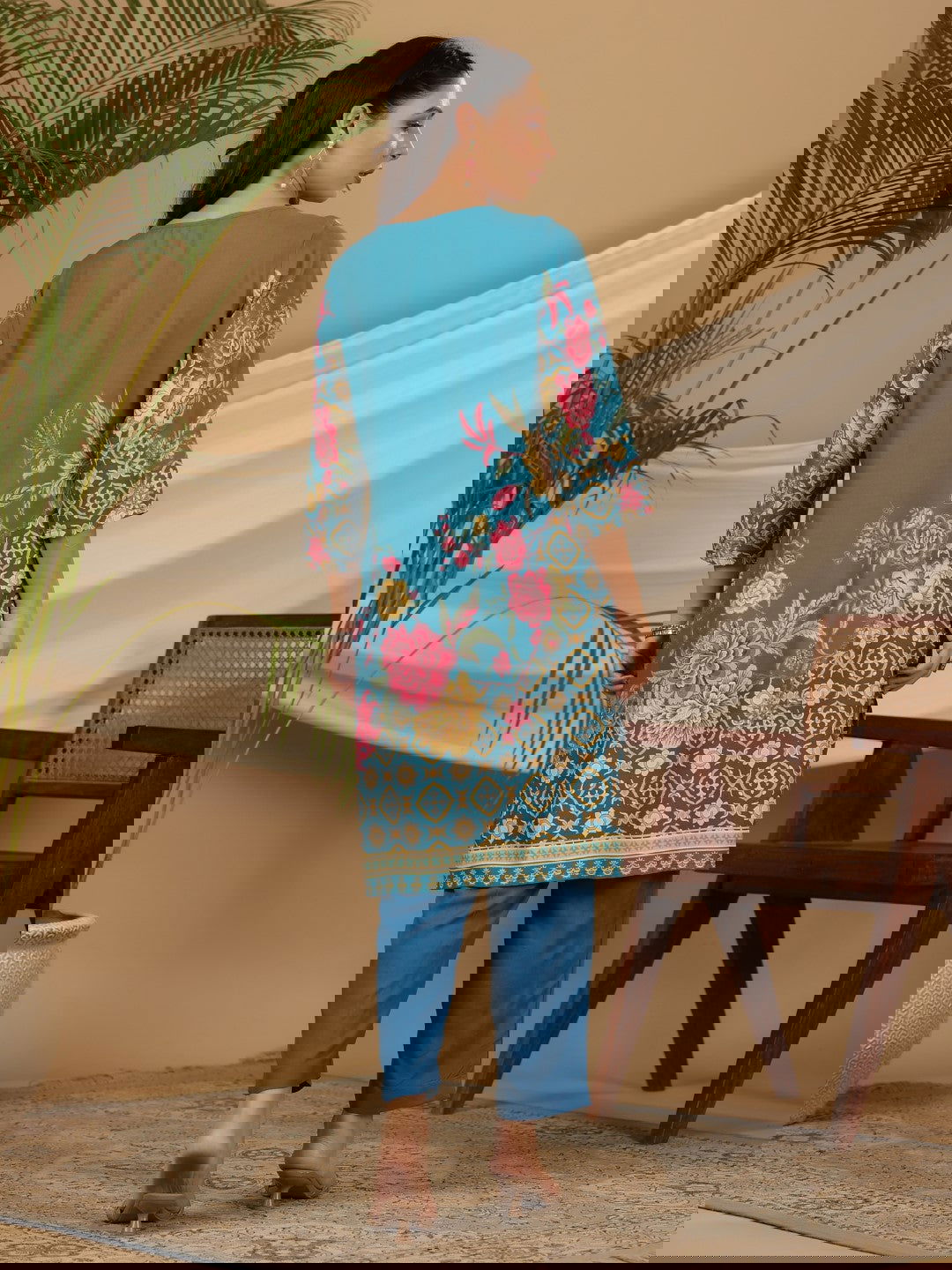 Juniper Blue Floral Printed Rayon Kurta Pants & Dupatta Set With Sequins Work