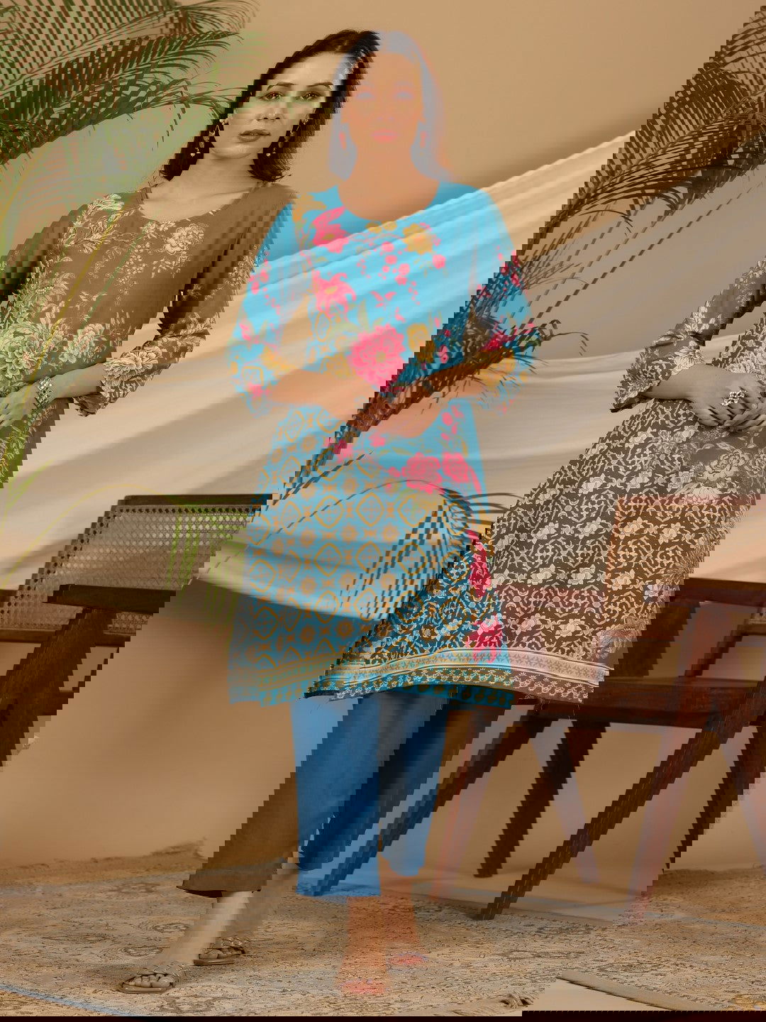 Juniper Blue Floral Printed Rayon Kurta Pants & Dupatta Set With Sequins Work