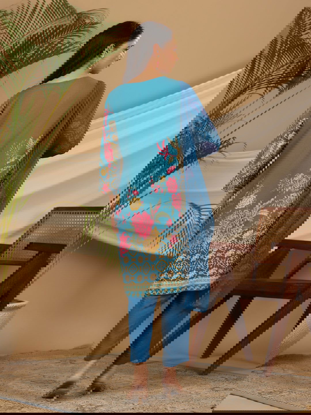 Juniper Blue Floral Printed Rayon Kurta Pants & Dupatta Set With Sequins Work