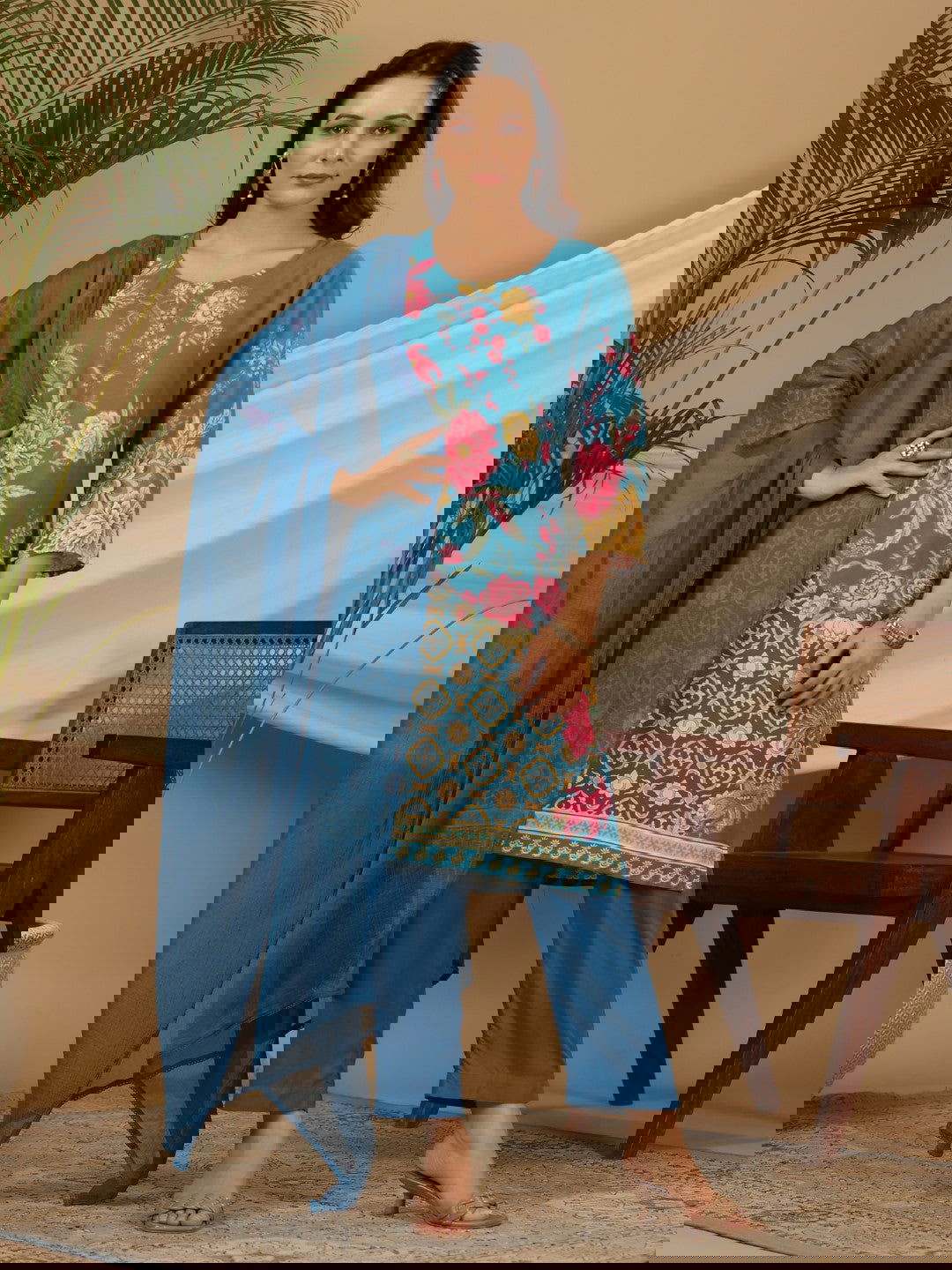 Juniper Blue Floral Printed Rayon Kurta Pants & Dupatta Set With Sequins Work