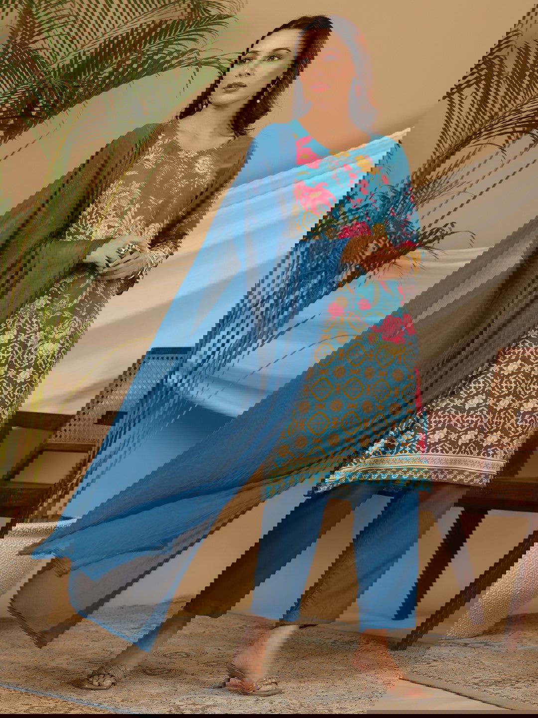 Juniper Blue Floral Printed Rayon Kurta Pants & Dupatta Set With Sequins Work