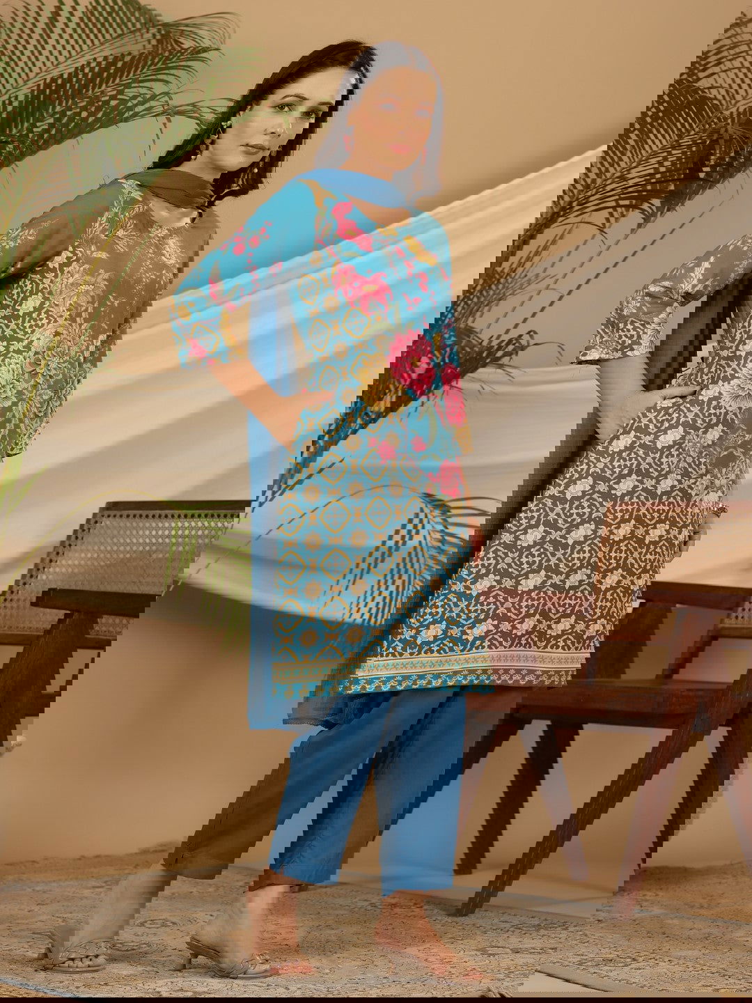 Juniper Blue Floral Printed Rayon Kurta Pants & Dupatta Set With Sequins Work