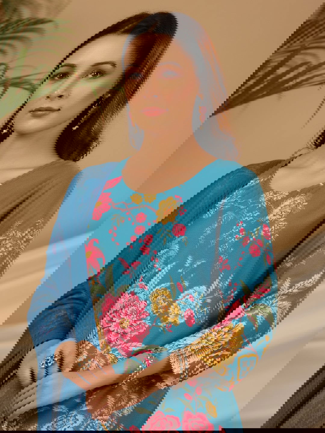 Juniper Blue Floral Printed Rayon Kurta Pants & Dupatta Set With Sequins Work