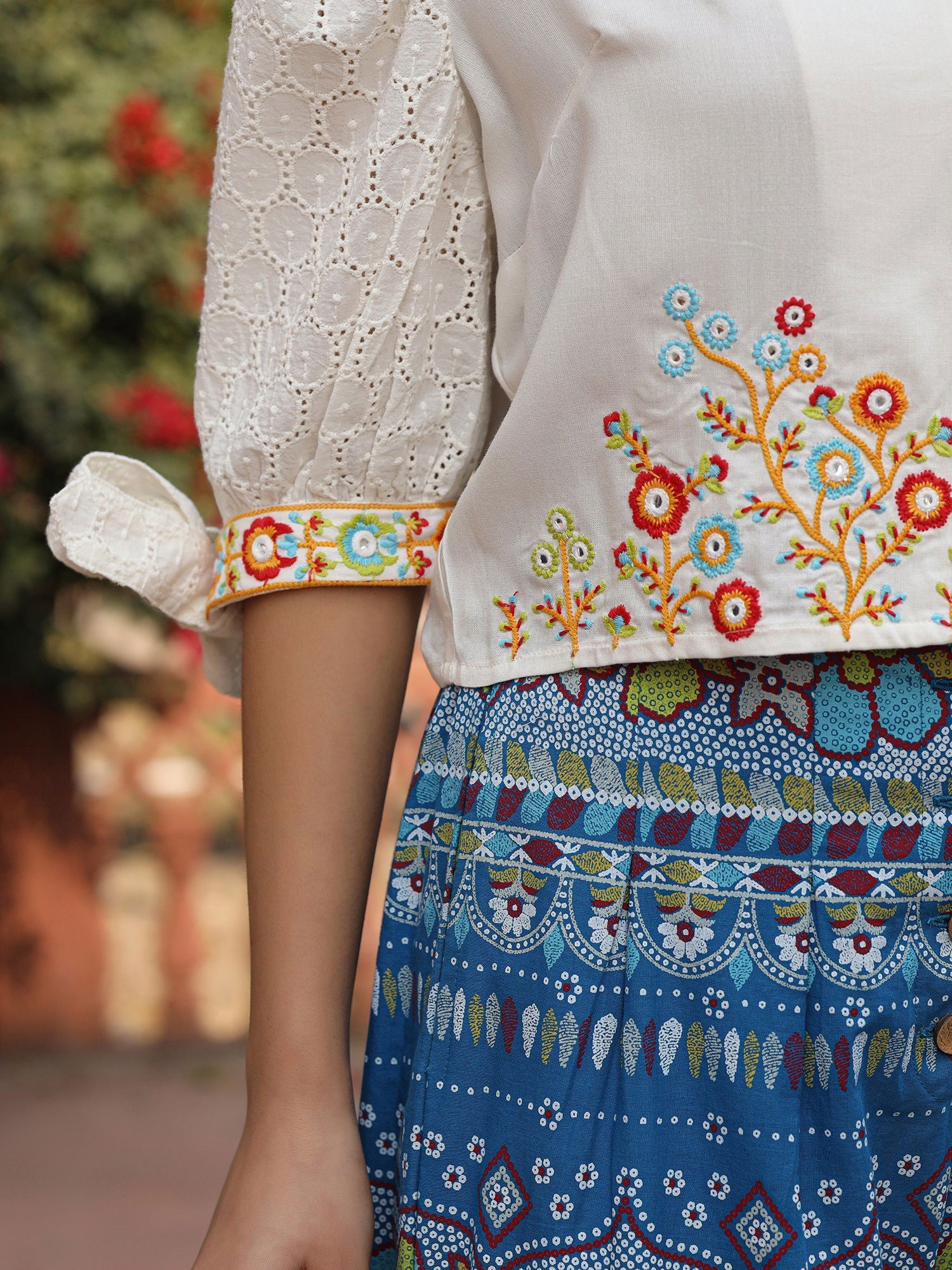 Juniper Blue Floral Printed Rayon Schiffli Top & Pants Set With Thread Work