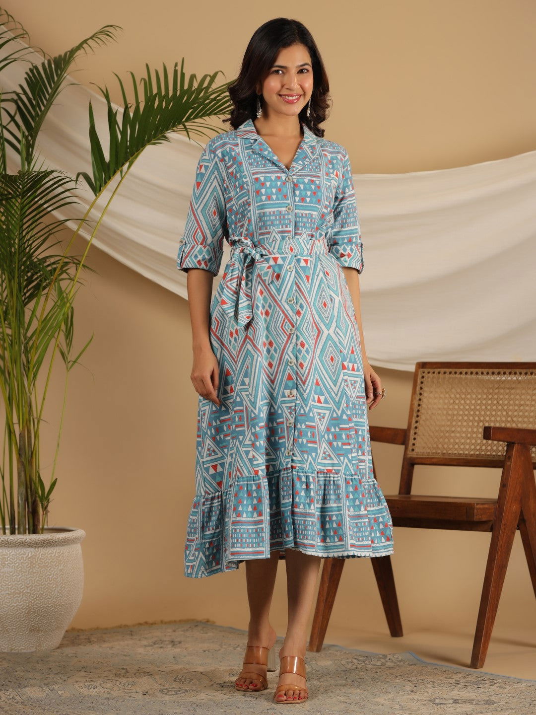 Juniper Blue Geometric Printed Cotton Flex Shirt Style Dress