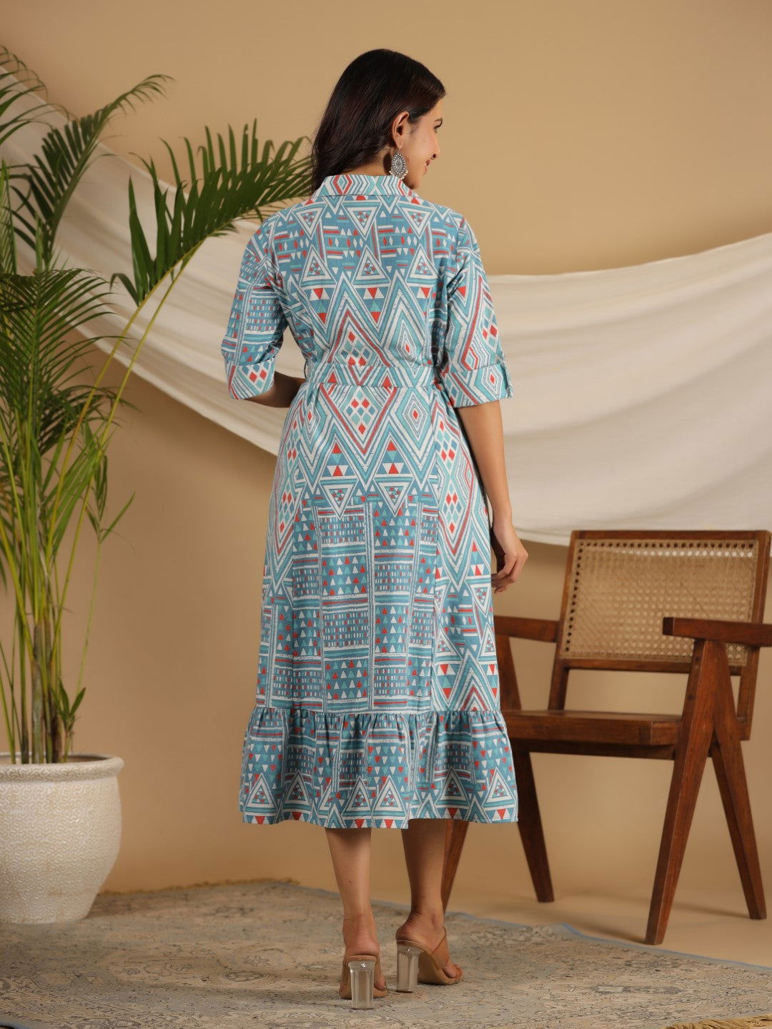 Juniper Blue Geometric Printed Cotton Flex Shirt Style Dress
