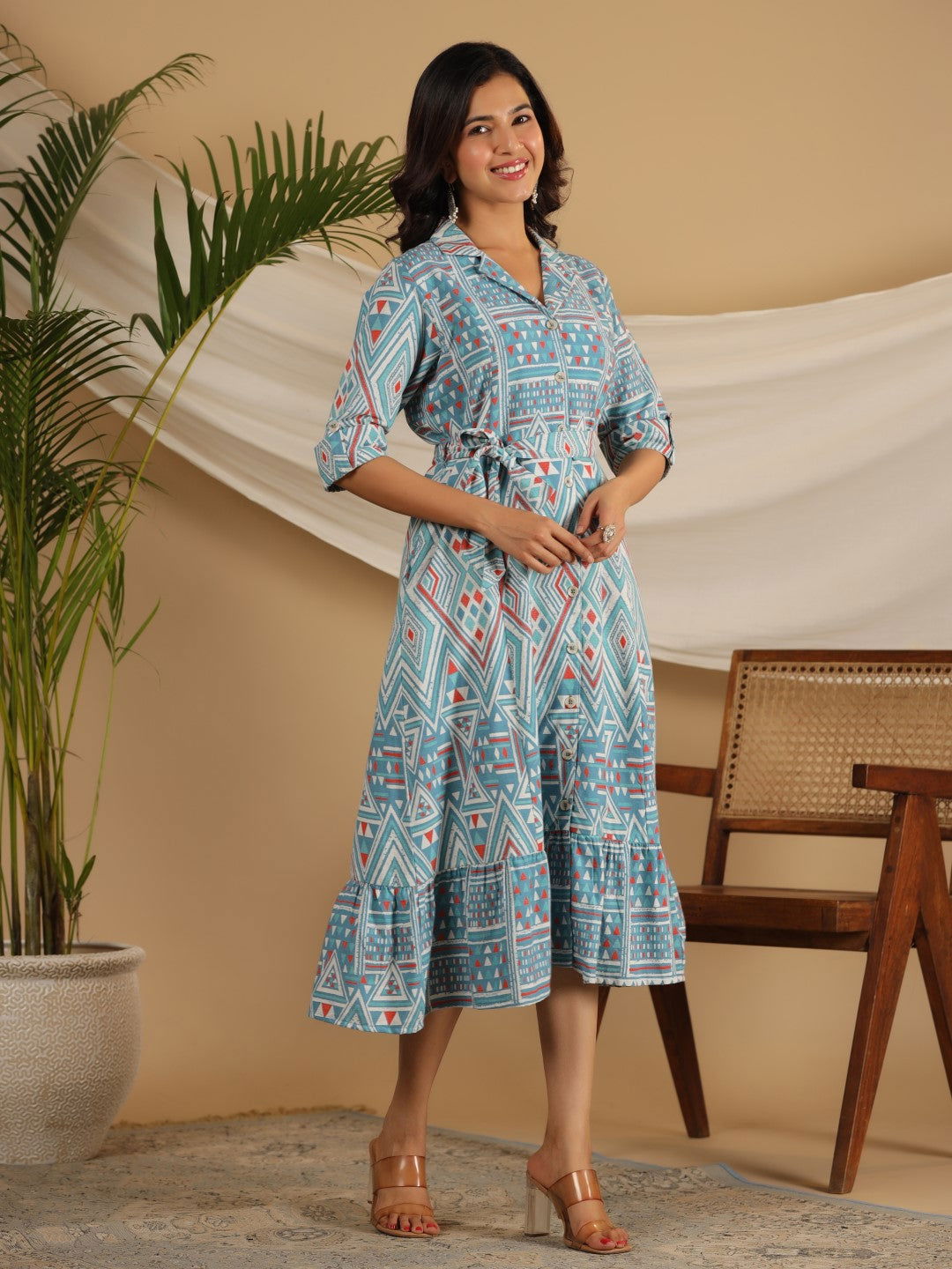Juniper Blue Geometric Printed Cotton Flex Shirt Style Dress