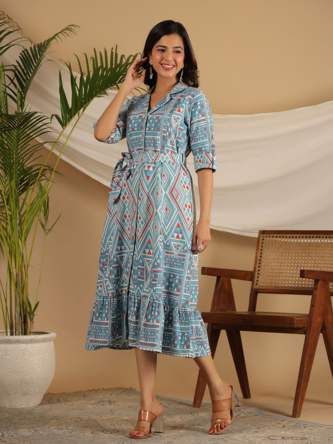 Juniper Blue Geometric Printed Cotton Flex Shirt Style Dress