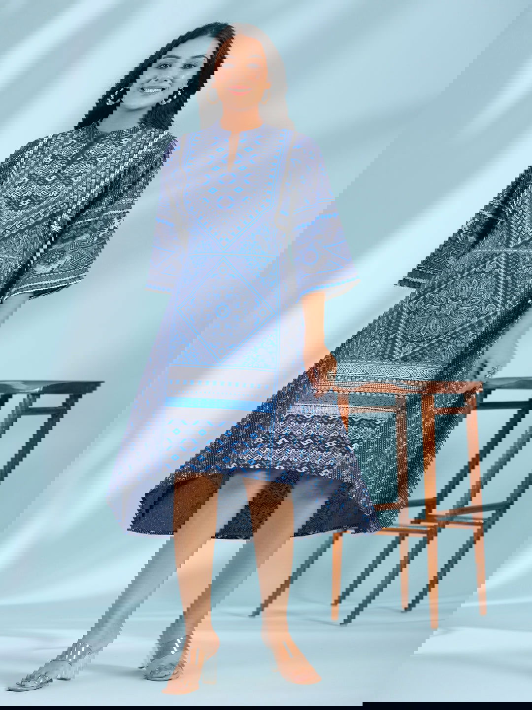 Blue Geometric Asymmetric Midi Dress with Lace Trendy Elegant