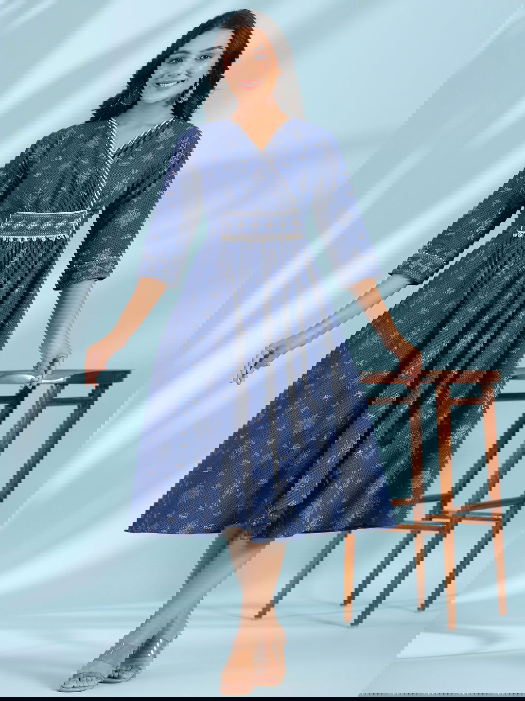 Juniper Blue Geometric Printed Pure Cotton Midi Dress With Lace Work