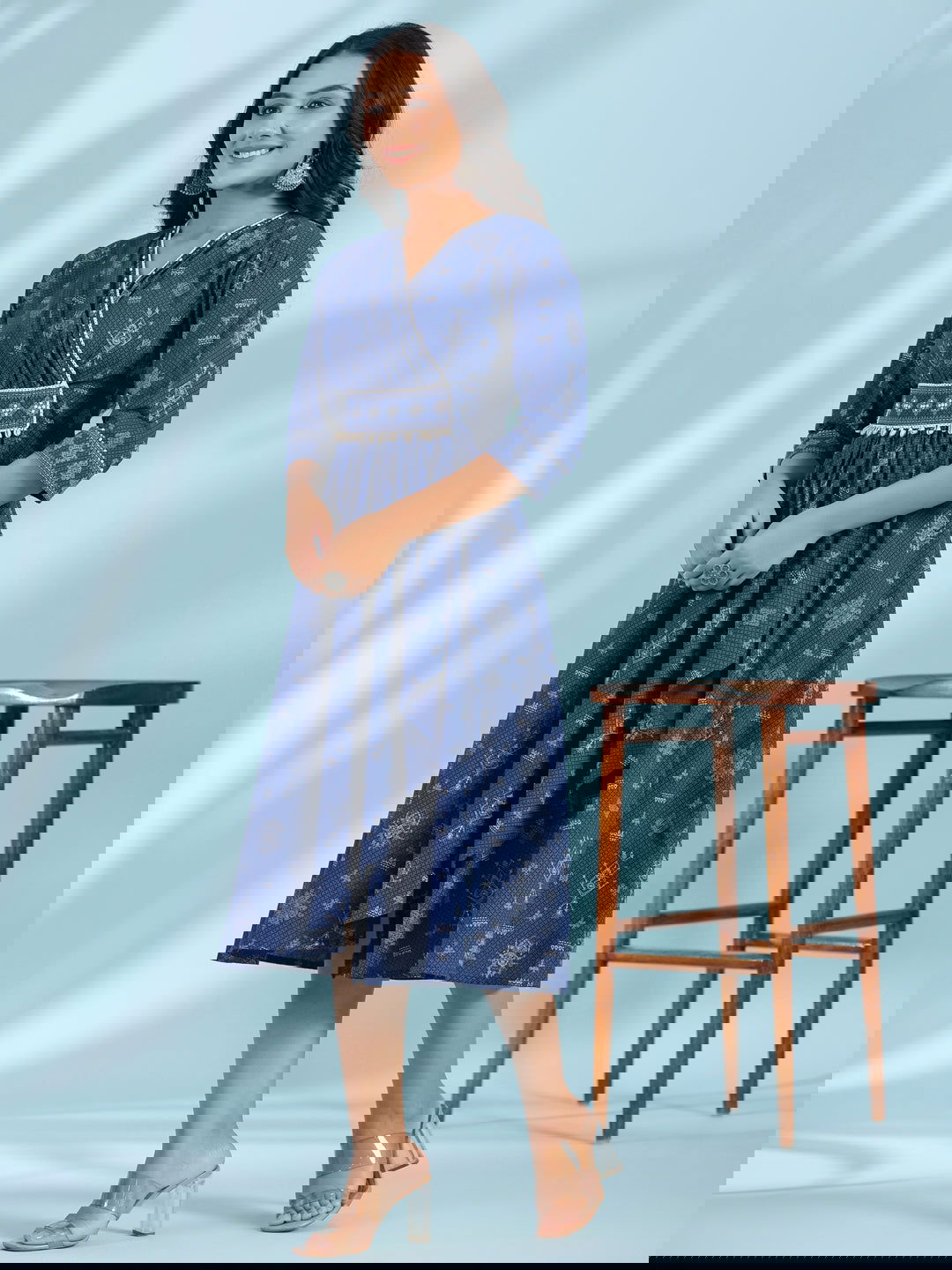 Juniper Blue Geometric Printed Pure Cotton Midi Dress With Lace Work