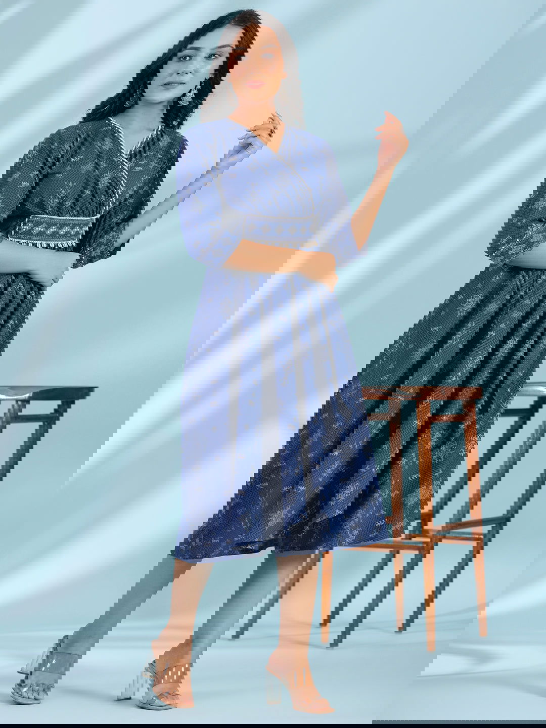 Juniper Blue Geometric Printed Pure Cotton Midi Dress With Lace Work