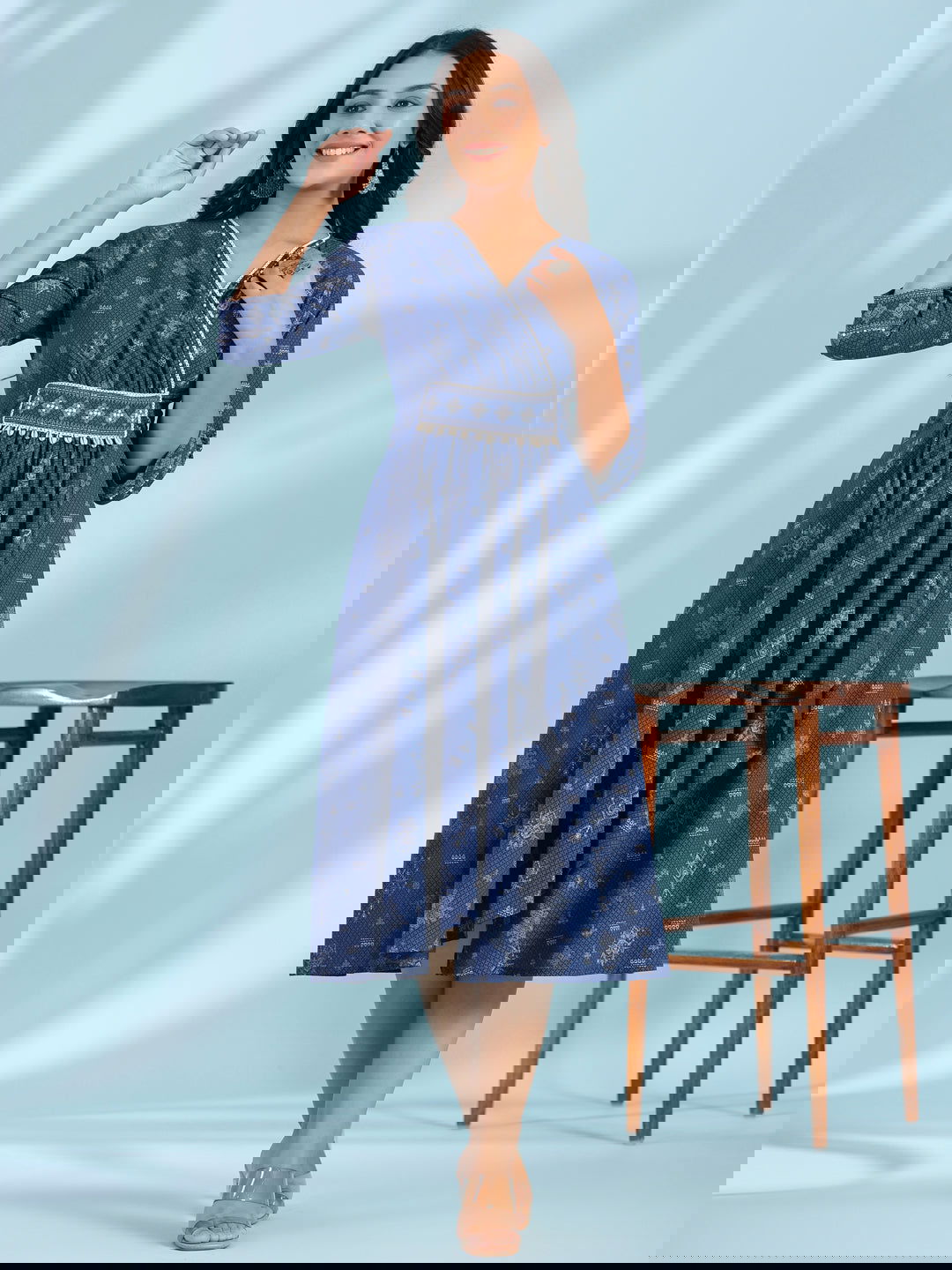 Juniper Blue Geometric Printed Pure Cotton Midi Dress With Lace Work