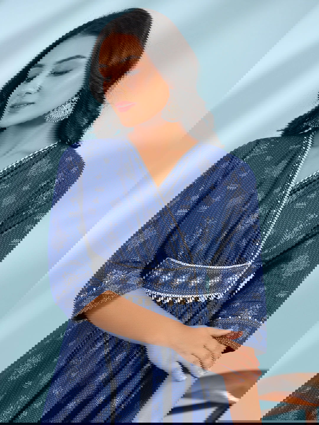 Juniper Blue Geometric Printed Pure Cotton Midi Dress With Lace Work