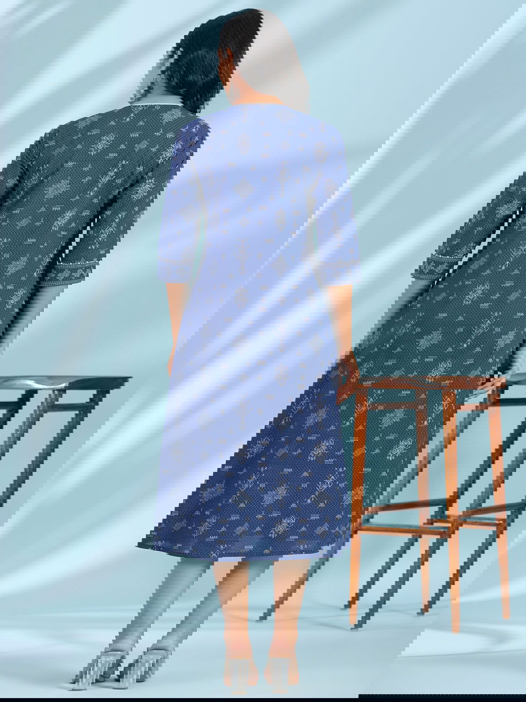 Juniper Blue Geometric Printed Pure Cotton Midi Dress With Lace Work